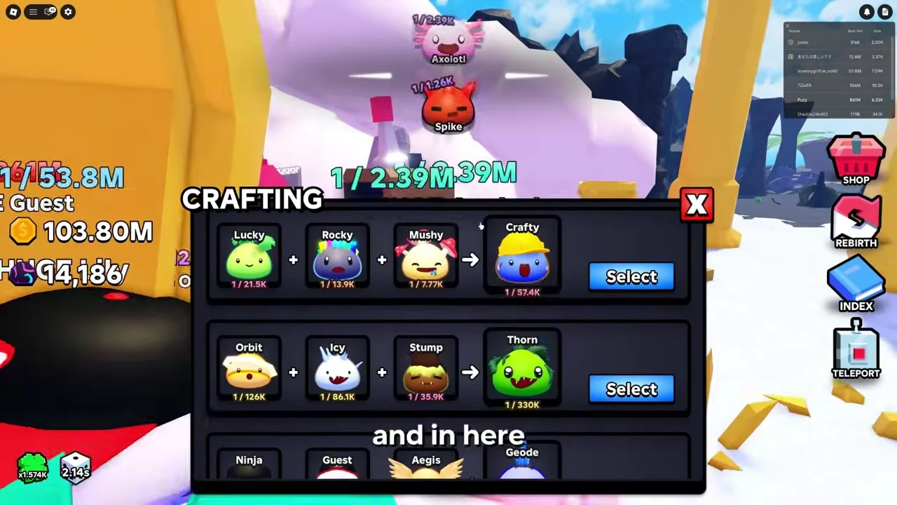Crafting Machine interface in Slime RNG showing recipe slots