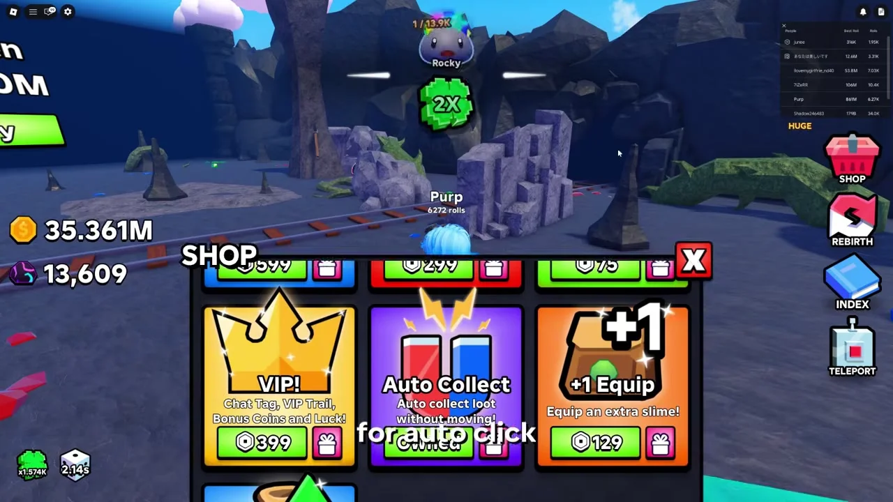 Slime RNG SHOP menu showing gamepasses and the code input field at the bottom